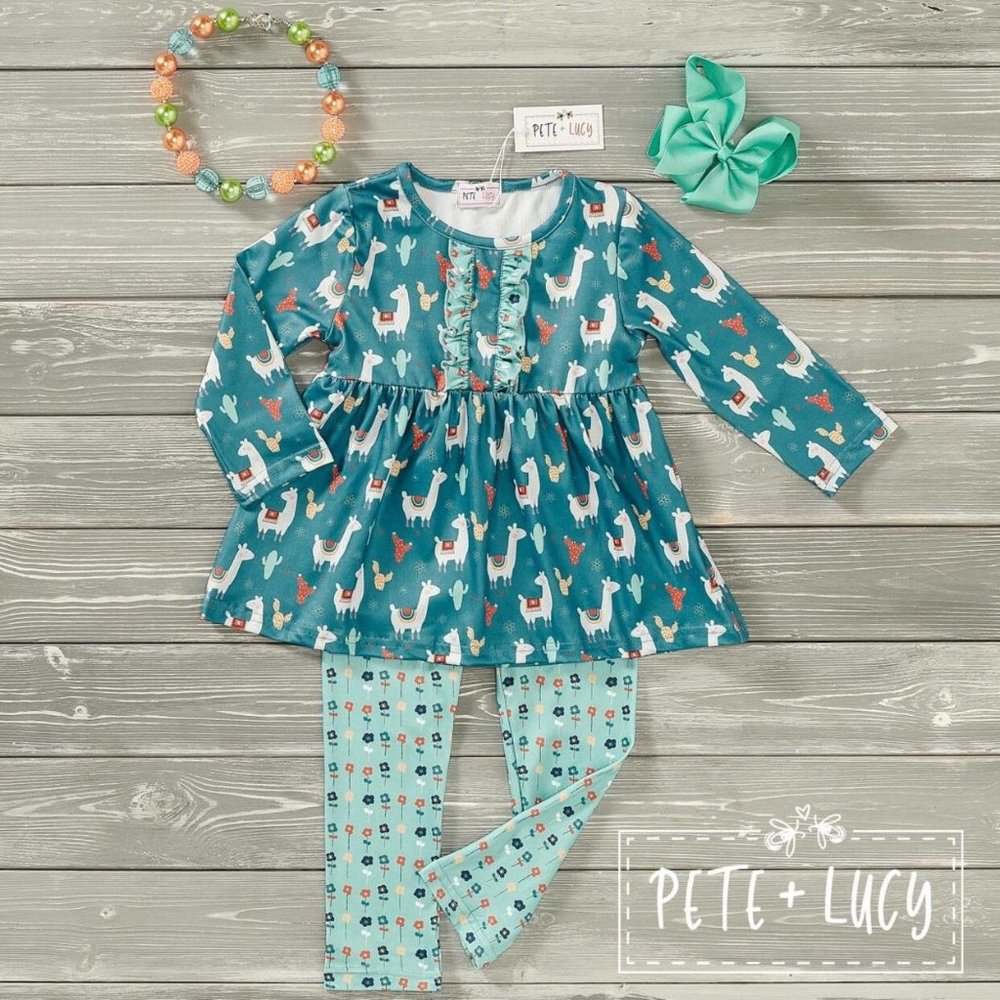 Girls 2T Floral Llama Aqua Blue 2 Piece Pants Set By Pete + Lucy Boutique